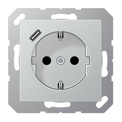Розетка с USB, типа С, скрытый монтаж, с заземлением, цвет алюминий