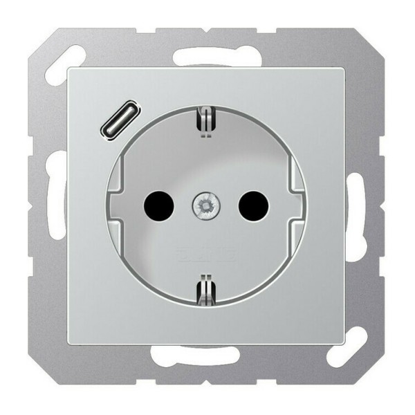 Розетка с USB, типа С, скрытый монтаж, с заземлением, цвет алюминий