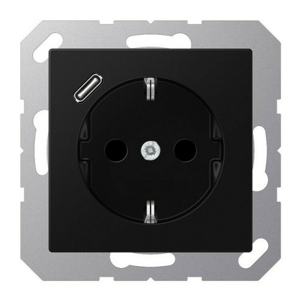 Розетка с USB, типа С, скрытый монтаж, с заземлением, цвет черный матовый